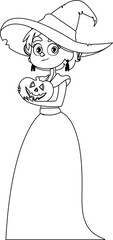 A small girl wearing a witch costume is happily holding a pumpkin and excitedly waiting for Halloween.Linear style.
