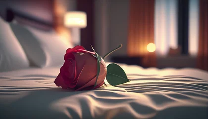 Foto op Aluminium Rose on the bed in the hotel rooms. Rose and her petals on the bed for a romantic evening, red rose and candle, Ai generated image  © FH Multimedia