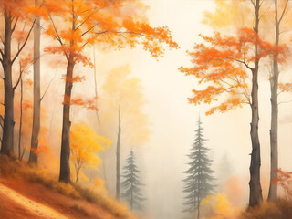 Autumn watercolor forest view 