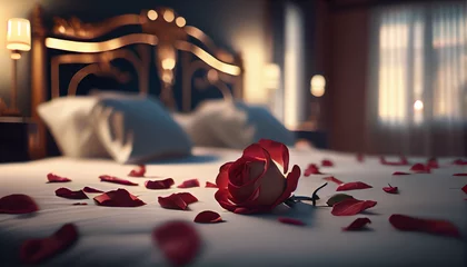 Foto op Aluminium Rose on the bed in the hotel rooms. Rose and her petals on the bed for a romantic evening, red rose and candle, Ai generated image  © FH Multimedia