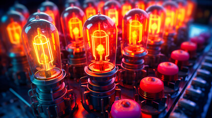 Vacuum tubes pulsating with vibrant colors, reminiscent of early computational machines yet hinting at novel applications