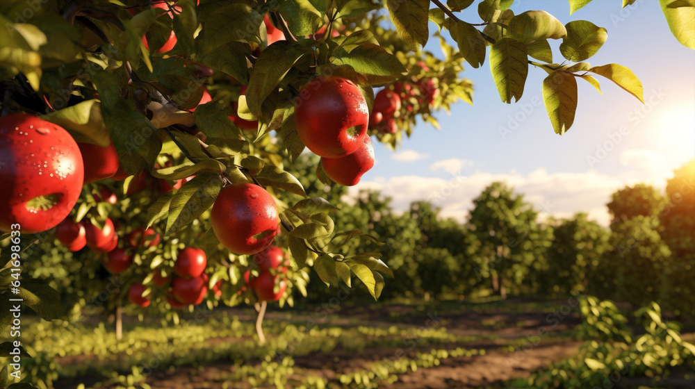 Wall mural nature orchard food farming tree apple leaves gardening fruit ripe autumn red