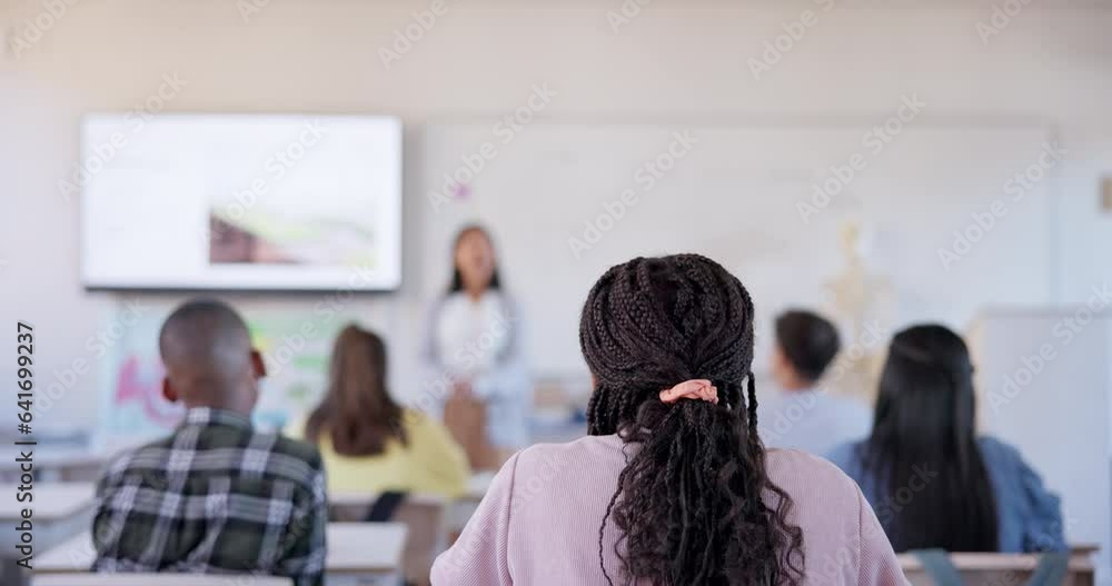 Wall mural Classroom question, raised hand or student question for teacher on education, learning or academy knowledge. Presentation, high school group or back of person answer, ask or solution to lecture study