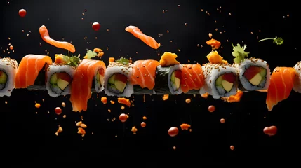 Fotobehang Sushi roll with salmon on black background in the air © Богдан Бурий