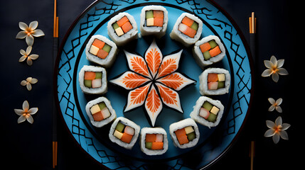 Japanese cuisine. Sushi set on a round plate and dark background