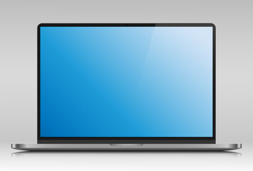 A laptop with a blue gradient screen and a glare on a gray background. Realistic laptop layout in a silver thin metal case. Vector illustration.