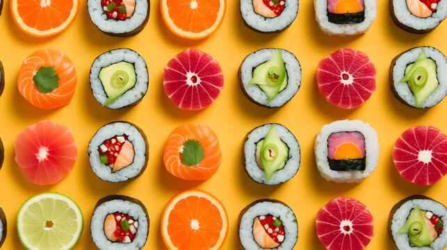 Close up of tasty fresh sushi rolls and fruits on the yellow background