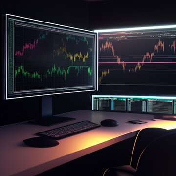 Financial trader workstation with stocks and shares graph displayed on monitor.  Generative AI