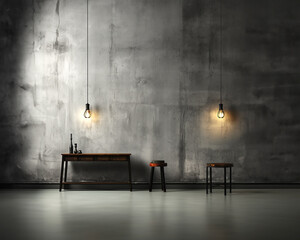 Fototapeta premium Gray studio background with simple furniture and burning electric lamps