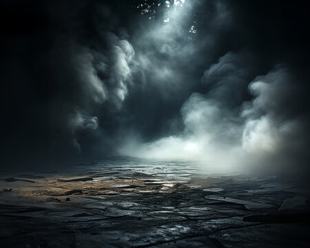 Dark studio background with smoke above the ground. © aviavlad