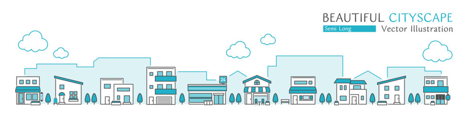 シンプルなお店や住宅が並ぶ美しい街並みのベクターイラスト