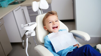 Generative AI, a small child, a baby with an open mouth sits in a chair at the dentist, dental treatment, a children's clinic, a tooth filling, a snow-white smile, healthy teeth, a patient, doctor