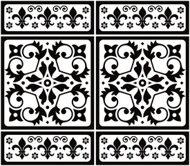 Lisbon style Azulejo tile seamless vector black and white pattern, elegant decorative design inspired by art from Portugal with floral and geometric motif
- 641701652