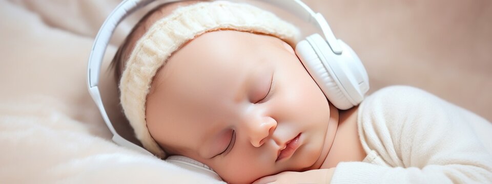 Close-up of cute little sleeping newborn, infant or baby with headphones