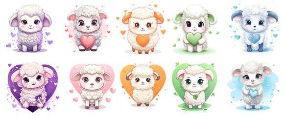 set of funny cartoon cute lambs with hearts on transparent background, generated ai