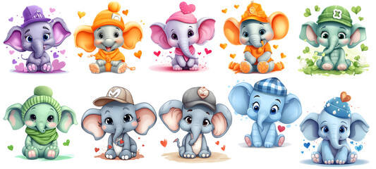 set of funny cartoon elephants with hearts on transparent background, generated ai