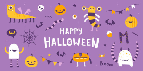 Cute halloween set with funny monsters and party decoration. Cartoon vector bundle for halloween.