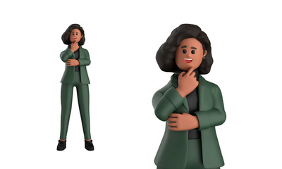 3d black business woman executive wearing a green suit pose standing with laptop, tablet, mobile phone, megaphone isolated on transparent background, 3d rendering