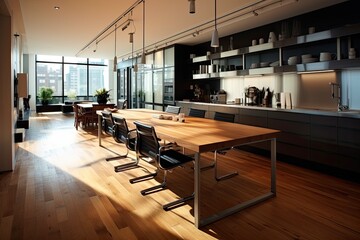Fototapeta na wymiar Interior Design: Modern and Contemporary Steel Office Kitchen with Wooden Floor and Beautiful Furniture