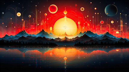 A horizon of rising and setting graphic suns, each with a unique angular silhouette