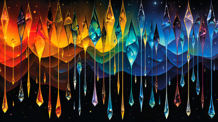 Patterns of cascading graphic raindrops, each drop a prism of angular facets - obrazy, fototapety, plakaty