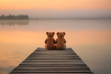 close-up photo of two teddy bears sitting on a dock at dawn, with mist drifting over the calm water and soft orange light on the horizon. - obrazy, fototapety, plakaty