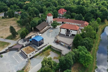 Soaring above the spires of the ancient Silesian Ostrava Castle in Czechia
