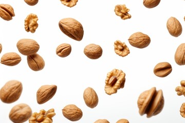 Walnuts suspended in mid-air isolated on white background. Generative AI