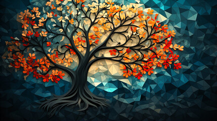 An abstract tree with geometric leaves, casting intricate graphic shadows