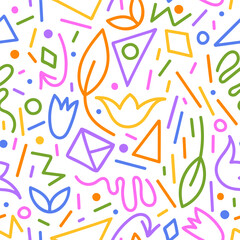 Abstract doodle shapes seamless pattern. Colorful hand drawn vector illustration background. Trendy organic seamless pattern on white background