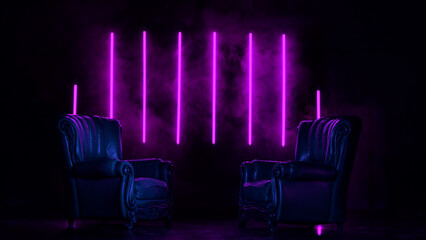 Two armchairs in neon colored light