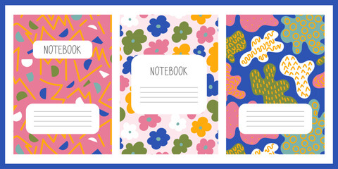 Set of colorful cover page templates for print products, stationery, notebooks, workbooks, diaries, brochures, planners. Vector illustrations, layout background composition designs