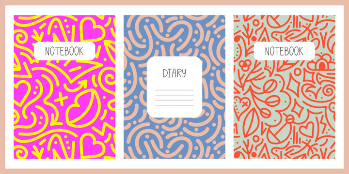 Set of colorful cover page templates for print products, stationery, notebooks, workbooks, diaries, brochures, planners. Vector illustrations, layout background composition designs