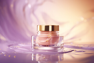 glass and gold jar of gel texture cream or face serum on an purple background with splashing serum