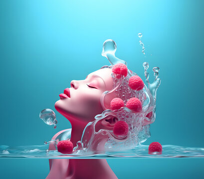 Charismatic face of young woman in water with water drops, soap and fresh raspberries on a turquoise blue background. Concept of healthy habits and life.