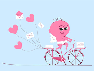 Cute cupid on a bike delivers valentines. Cheerful angel character in flat style. Vector retro illustration.