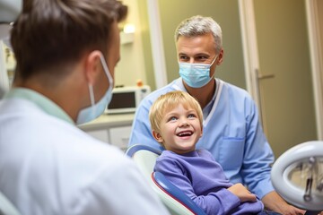 Fototapeta premium A cheerful young child sits in the dentist's chair, highlighting the importance of dental care. 'generative AI'