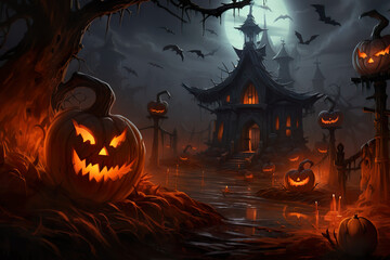 Fototapeta na wymiar Spooky Halloween scene including a dark area with a scary house and a lot of Halloween pumpkin lanterns.