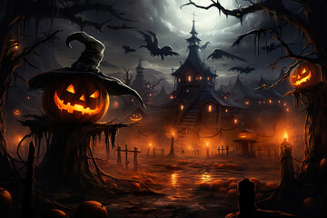 Fototapeta na wymiar Spooky Halloween scene including a dark area with a scary house and a lot of Halloween pumpkin lanterns.