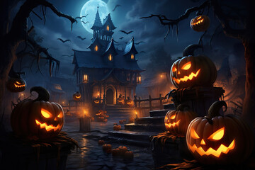 Spooky Halloween scene including a dark area with a scary house and a lot of Halloween pumpkin lanterns.