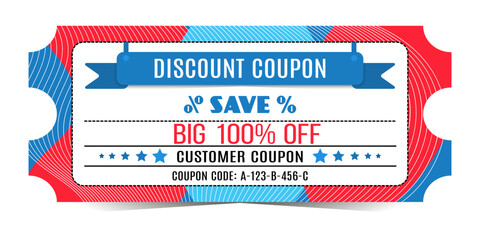 100% off special discount coupon in trendy minimalist style with color spots and line. Coupon for sale, promotions. Isolated on white background.