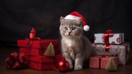 cute gray kitten wearing a tiny Santa's hat and sitting between Christmas gift boxes on a dark background