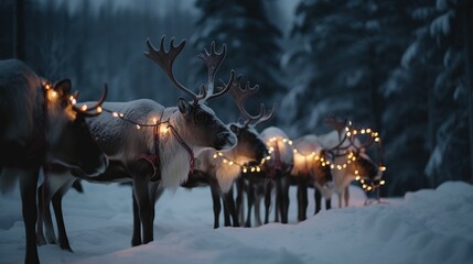 a group of reindeer with antlers decorated with Christmas lights, standing in a snowy forest