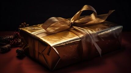 close up of gift box wrapped in golden luxury wrapping paper