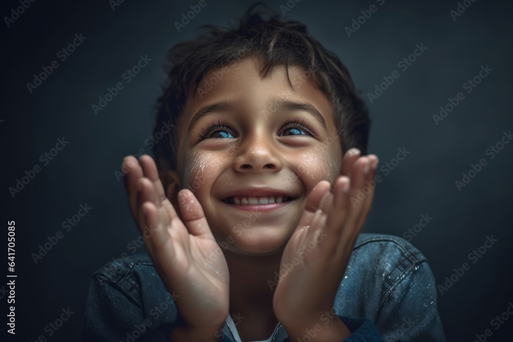 Wall mural Close-up portrait photography of a joyful kid male joining palms in a gesture of gratitude against a metallic silver background. With generative AI technology - Wall murals