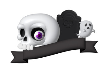 Holiday Halloween set of themed decorative elements for design. 3d objects in cartoon style. Skull with gravestone with ghosts and tag.