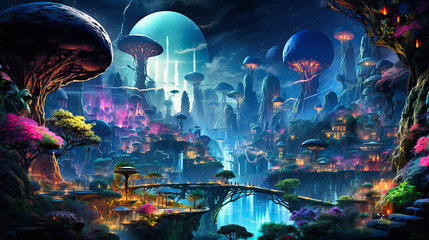 Hovering islands of neon flora and fauna, suspended against the backdrop of a technicolor sci-fi sky