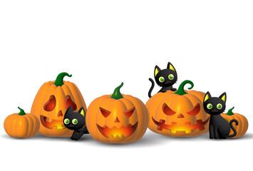 Holiday Halloween set of themed decorative elements for design. 3d objects in cartoon style. Pumpkin with black cats