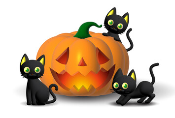 Holiday Halloween set of themed decorative elements for design. 3d objects in cartoon style. Pumpkin with cats.