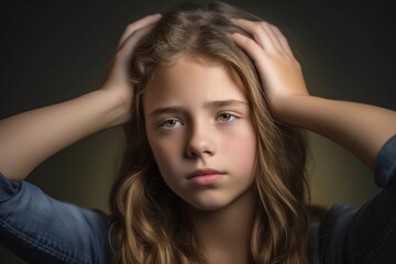 Headshot portrait photography of a glad kid female holding the hand on the forehead in a headache gesture against a metallic silver background. With generative AI technology
